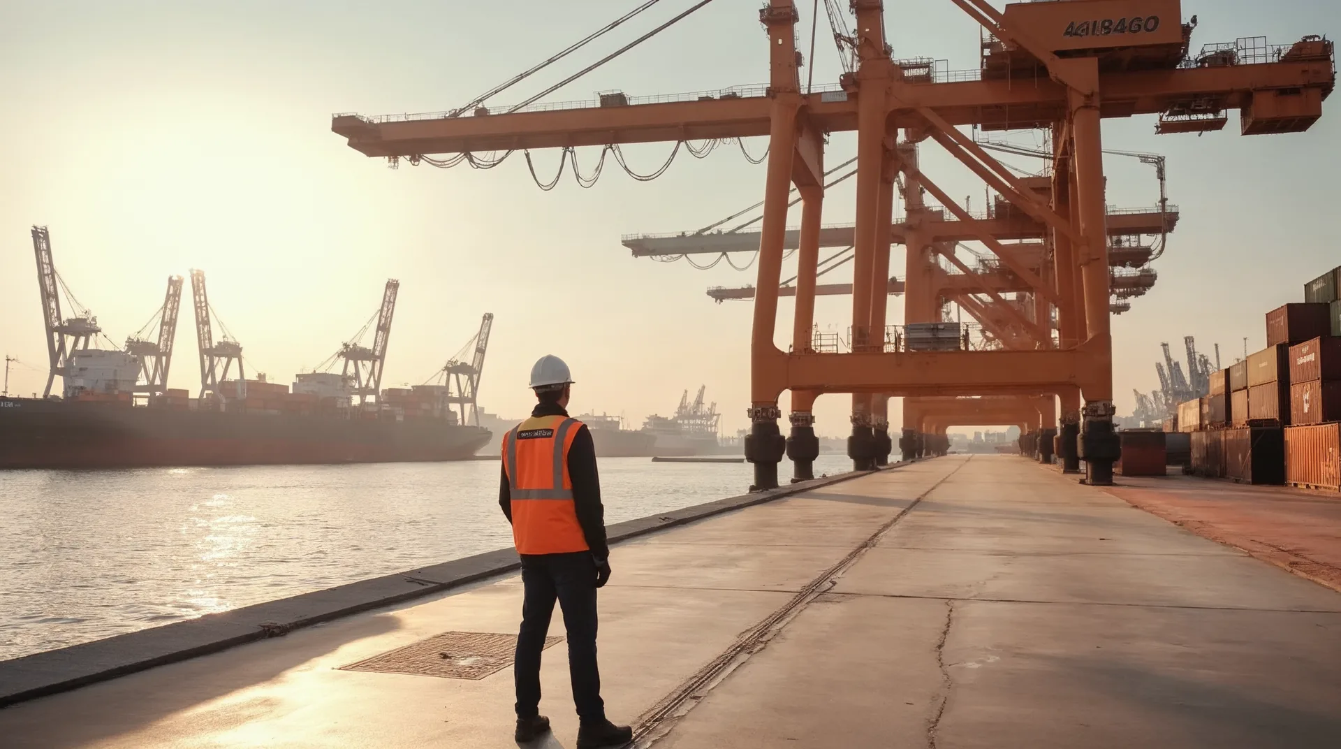 Hafenkran und Containerterminal im Abendlicht, ein Arbeiter in oranger Weste von hinten — Industrie verständlich gemacht
