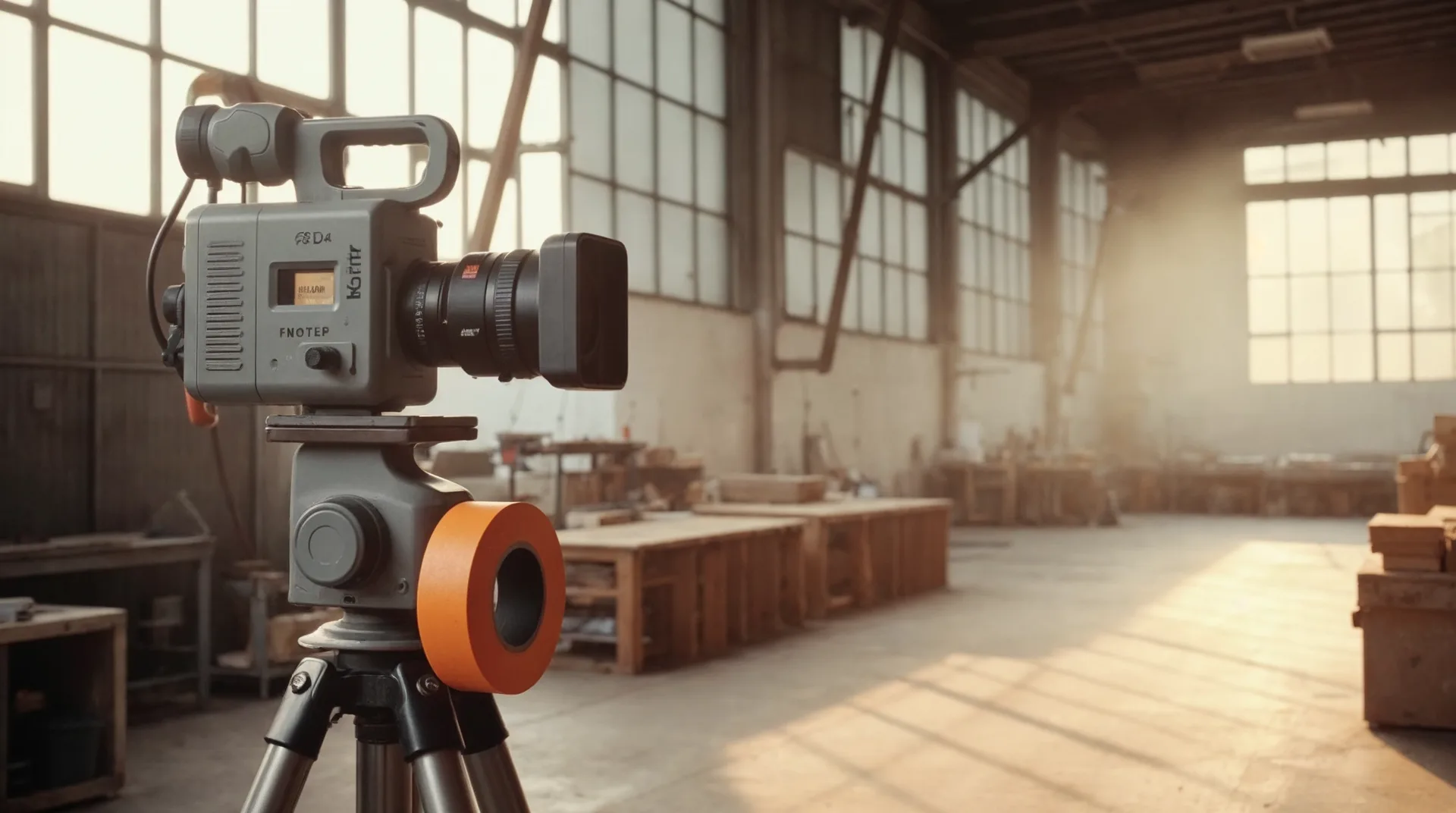 Filmkamera auf Stativ in einer Werkstatt, oranges Klebeband am Stativbein — Inhalte entstehen vor Ort